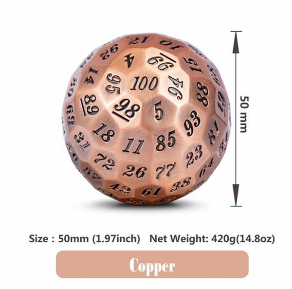 Dice Habit: 50mm Solid Metal D100 - Copper with Oil Washed Numbers