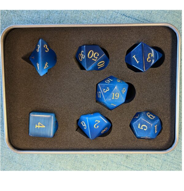 CHC: 16mm Gemstone Poly Dice Set (7) - Blue Cymophanite w/Gold Numbers