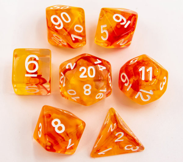 CHC: 16mm Translucent Poly Dice Set (7) - Orange with Silver Numbers