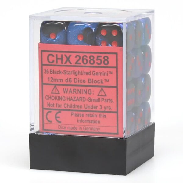Chessex: 12mm Opaque D6 Dice Set (36) - Black-Starlight with Red Pips