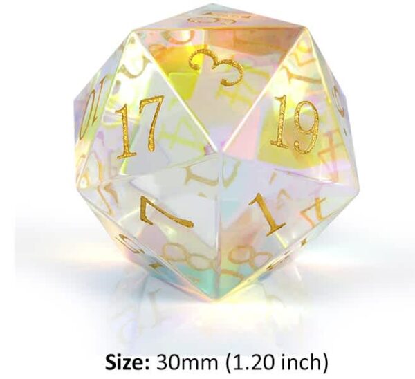 Dice Habit: 30mm Glass D20 - Rainbow with Gold Numbers